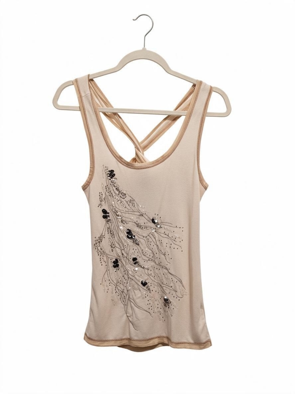 Miss Me Y2K Beaded Sequin Crossback Tunic Tank Cream Size Small